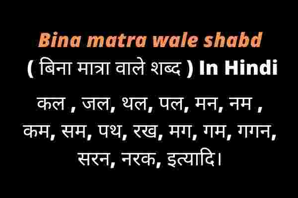 Bina matra wale shabd ( बिना मात्रा वाले शब्द ) In Hindi
